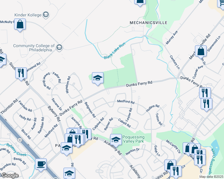 map of restaurants, bars, coffee shops, grocery stores, and more near 12749 Dunks Ferry Road in Philadelphia