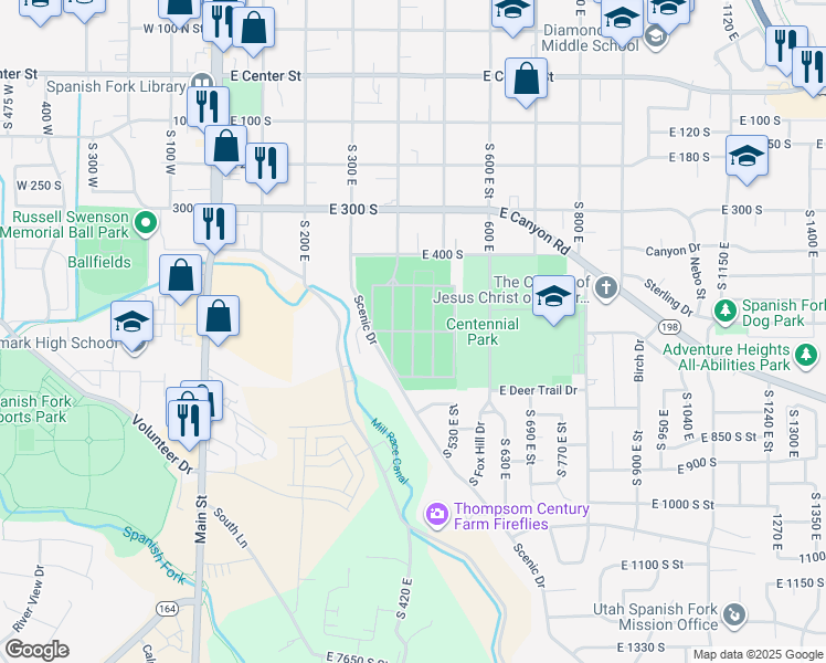 map of restaurants, bars, coffee shops, grocery stores, and more near Cemetery Roads in Spanish Fork