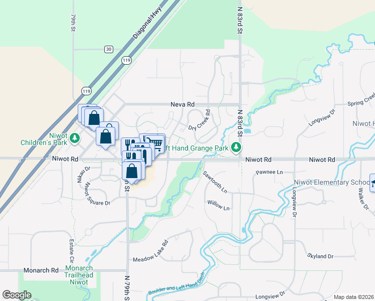 map of restaurants, bars, coffee shops, grocery stores, and more near 7024 Johnson Circle in Longmont