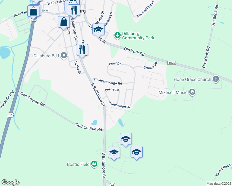 map of restaurants, bars, coffee shops, grocery stores, and more near 20 Beechwood Drive in Dillsburg