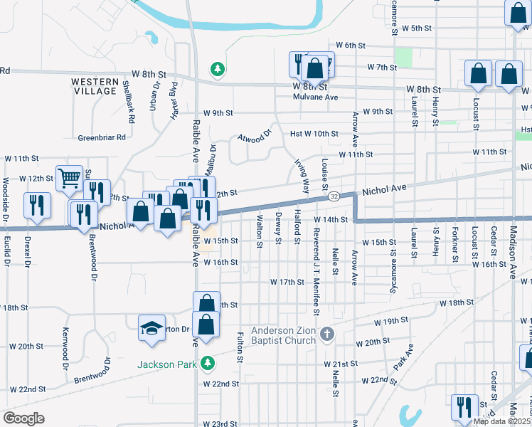 map of restaurants, bars, coffee shops, grocery stores, and more near 2115 Nichol Avenue in Anderson
