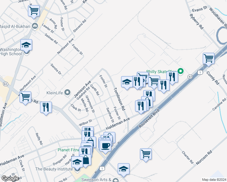 map of restaurants, bars, coffee shops, grocery stores, and more near 1830 Tomlinson Road in Philadelphia