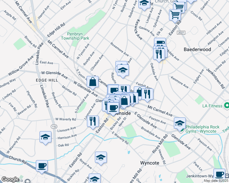 map of restaurants, bars, coffee shops, grocery stores, and more near 116 Roberts Avenue in Glenside