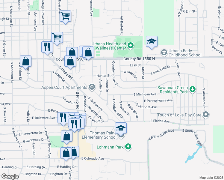 map of restaurants, bars, coffee shops, grocery stores, and more near 1114 Lanore Drive in Urbana