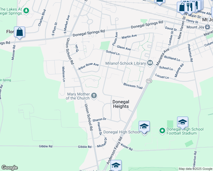 map of restaurants, bars, coffee shops, grocery stores, and more near 648 Florin Avenue in Mount Joy