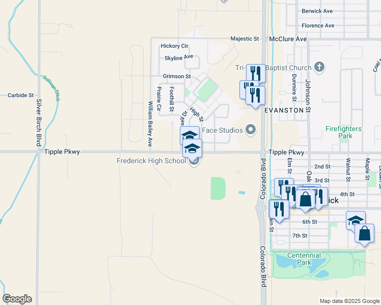 map of restaurants, bars, coffee shops, grocery stores, and more near 5690 Tipple Parkway in Dacono