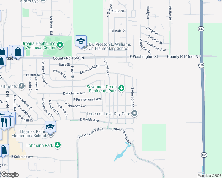 map of restaurants, bars, coffee shops, grocery stores, and more near 1312 South Smith Road in Urbana