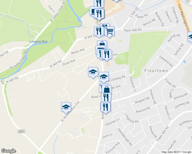 map of restaurants, bars, coffee shops, grocery stores, and more near 9 West Wissahickon Avenue in Flourtown