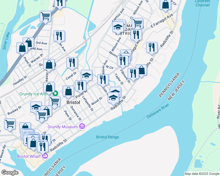 map of restaurants, bars, coffee shops, grocery stores, and more near 324 Brook Street in Bristol