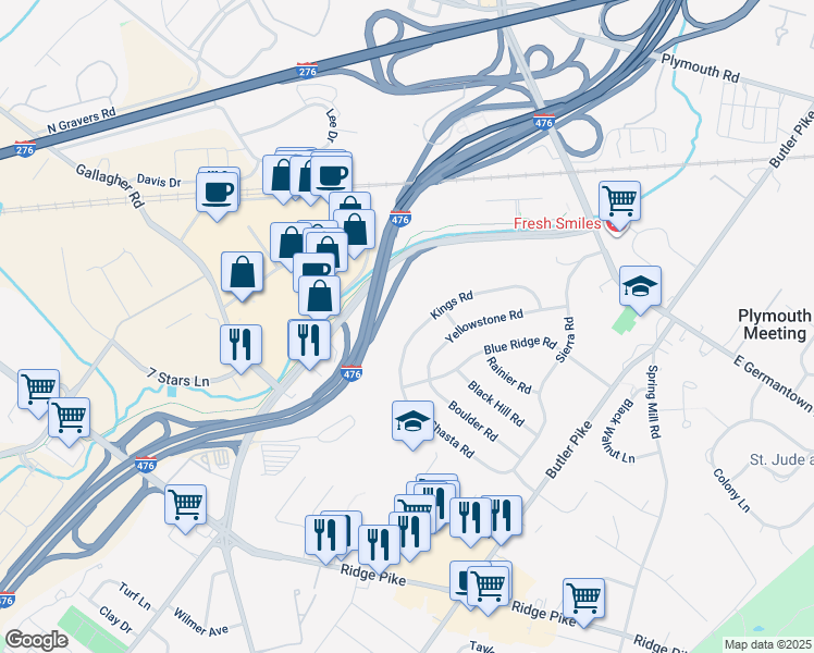 map of restaurants, bars, coffee shops, grocery stores, and more near 210 Kings Road in Plymouth Meeting
