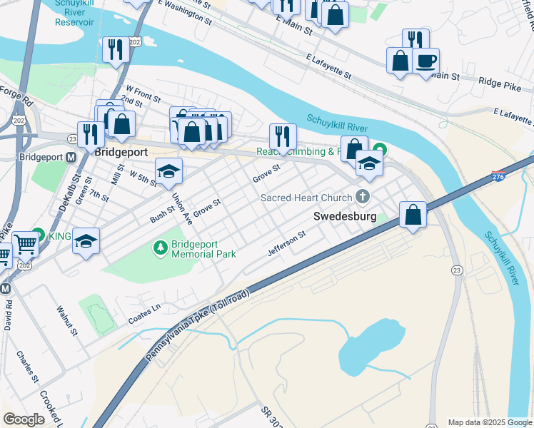 map of restaurants, bars, coffee shops, grocery stores, and more near 504 Holstein Street in Bridgeport