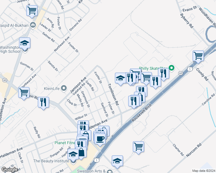 map of restaurants, bars, coffee shops, grocery stores, and more near 1830 Tomlinson Road in Philadelphia