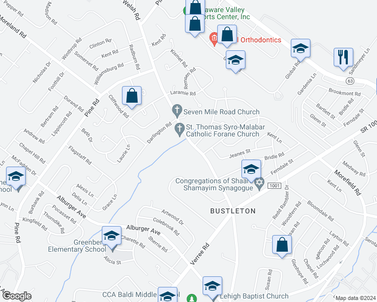map of restaurants, bars, coffee shops, grocery stores, and more near 638 Welsh Road in Philadelphia