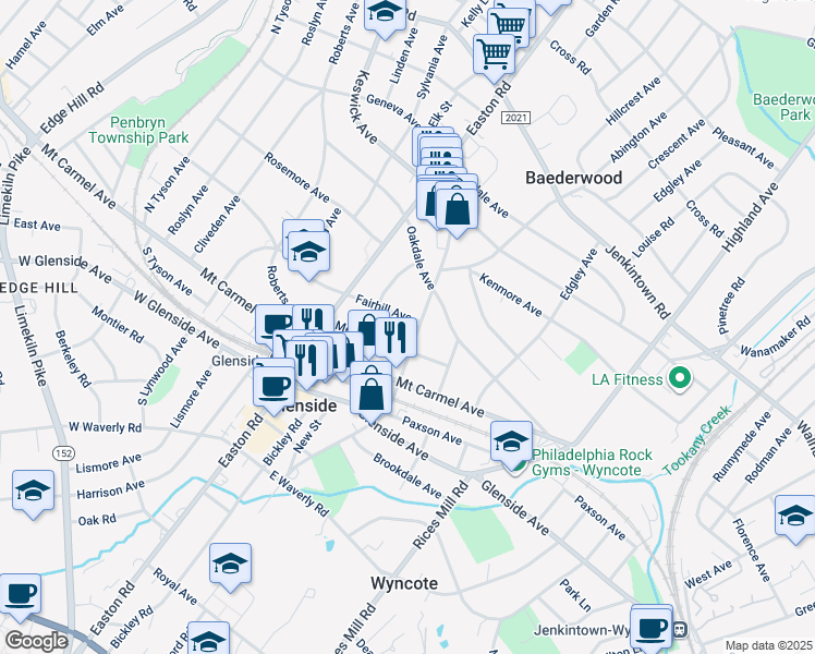 map of restaurants, bars, coffee shops, grocery stores, and more near 2206 Fairhill Avenue in Glenside