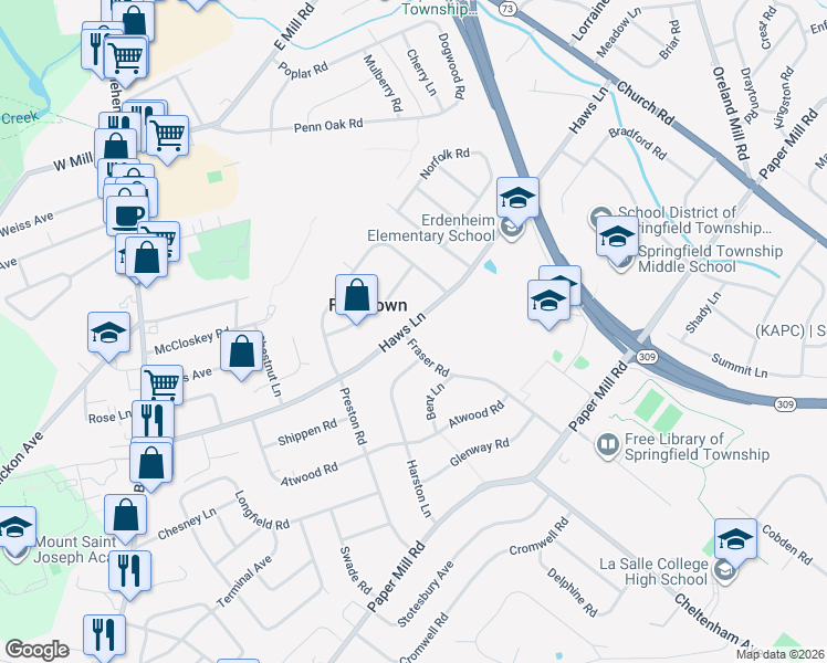 map of restaurants, bars, coffee shops, grocery stores, and more near 300 Haws Lane in Flourtown