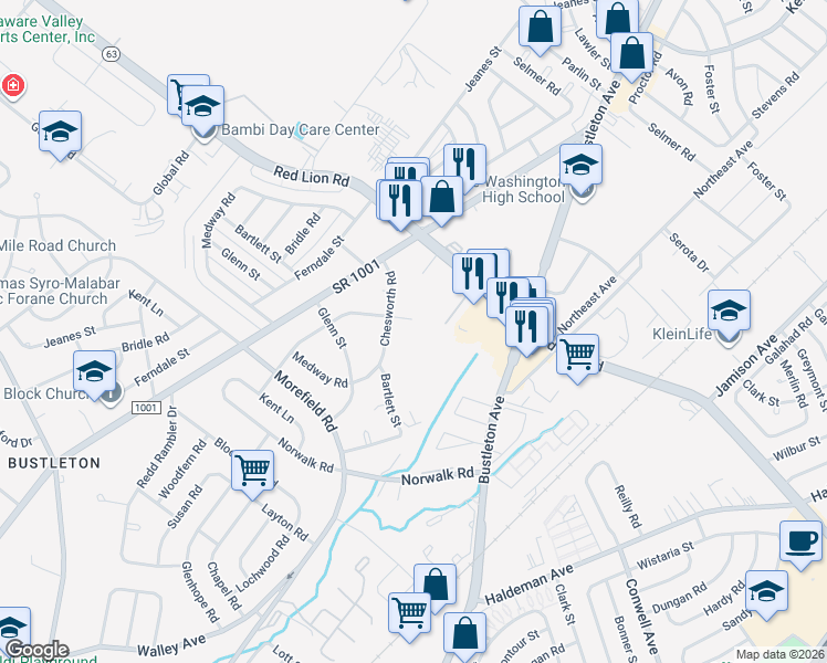 map of restaurants, bars, coffee shops, grocery stores, and more near 9999 Woodfern Road in Philadelphia
