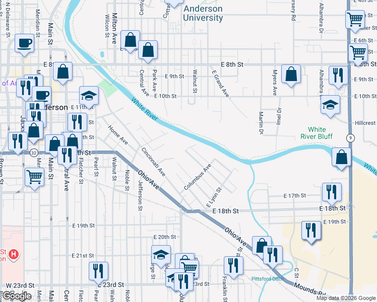 map of restaurants, bars, coffee shops, grocery stores, and more near 1500 Miller Avenue in Anderson