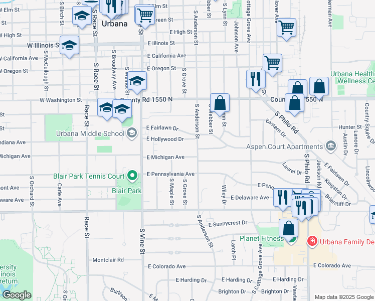 map of restaurants, bars, coffee shops, grocery stores, and more near 510 East Michigan Avenue in Urbana