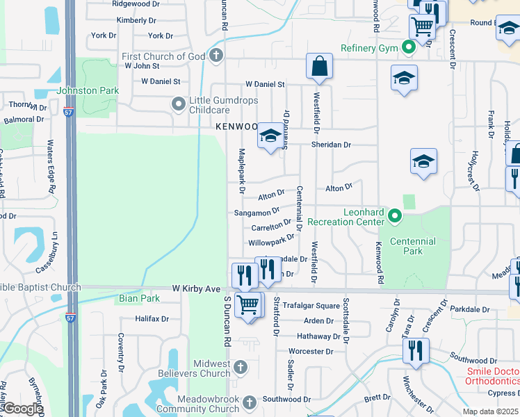 map of restaurants, bars, coffee shops, grocery stores, and more near 2807 Alton Drive in Champaign