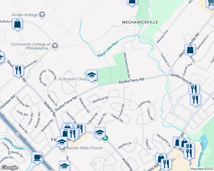 map of restaurants, bars, coffee shops, grocery stores, and more near 12757 Dunks Ferry Road in Philadelphia