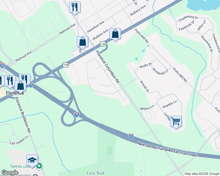 map of restaurants, bars, coffee shops, grocery stores, and more near 32 Aspen Court in Fieldsboro