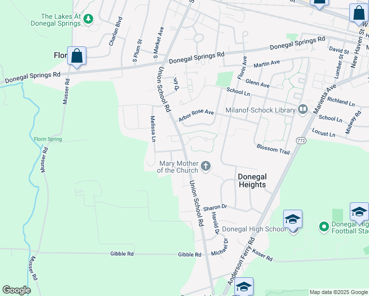 map of restaurants, bars, coffee shops, grocery stores, and more near 605 Union School Road in Mount Joy