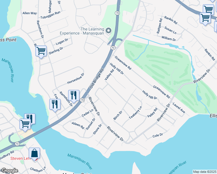 map of restaurants, bars, coffee shops, grocery stores, and more near 651 Valley Road in Brielle
