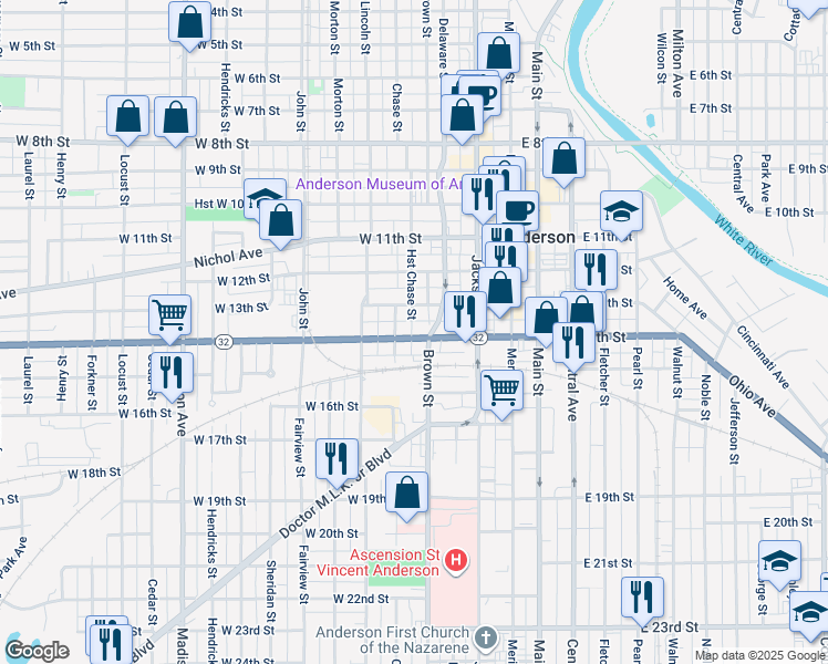 map of restaurants, bars, coffee shops, grocery stores, and more near 216 West 14th Street in Anderson
