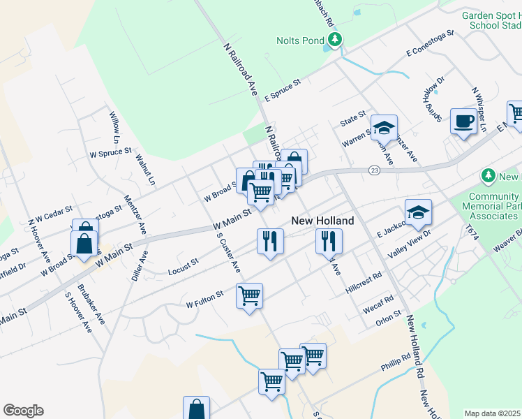 map of restaurants, bars, coffee shops, grocery stores, and more near 100 East Main Street in New Holland