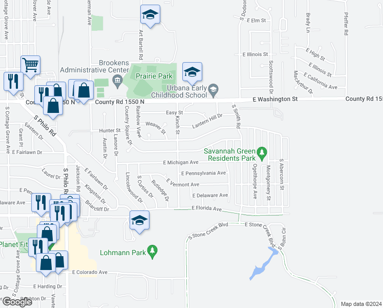 map of restaurants, bars, coffee shops, grocery stores, and more near 2109 Country Squire Drive in Urbana