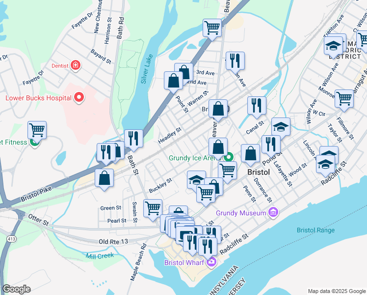map of restaurants, bars, coffee shops, grocery stores, and more near 651 Pine Street in Bristol