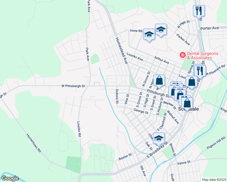 map of restaurants, bars, coffee shops, grocery stores, and more near 1005 Pittsburgh Street in Scottdale