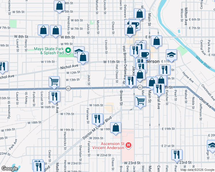 map of restaurants, bars, coffee shops, grocery stores, and more near 320 West 14th Street in Anderson