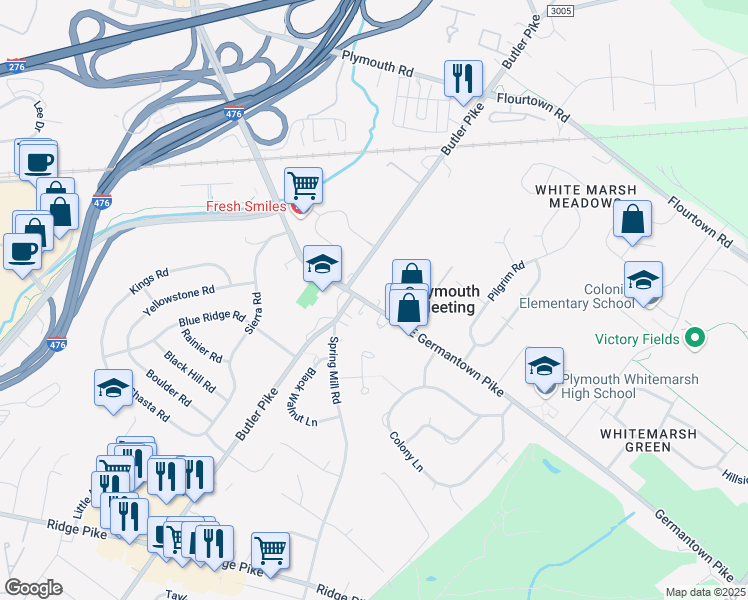 map of restaurants, bars, coffee shops, grocery stores, and more near 17 East Germantown Pike in Plymouth Meeting