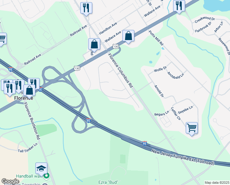 map of restaurants, bars, coffee shops, grocery stores, and more near 32 Aspen Court in Fieldsboro