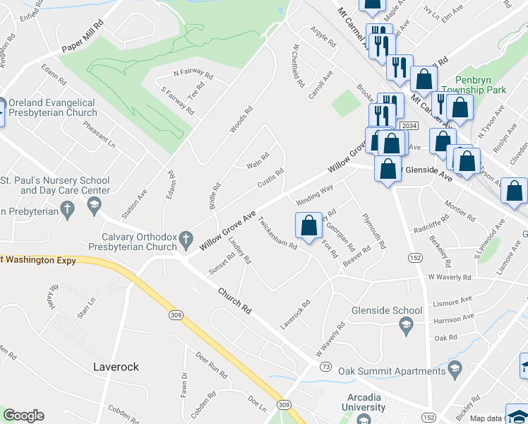 map of restaurants, bars, coffee shops, grocery stores, and more near 639 Twickenham Road in Glenside