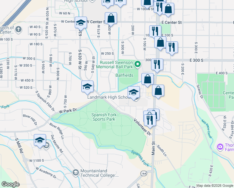 map of restaurants, bars, coffee shops, grocery stores, and more near 260 West 500 South in Spanish Fork