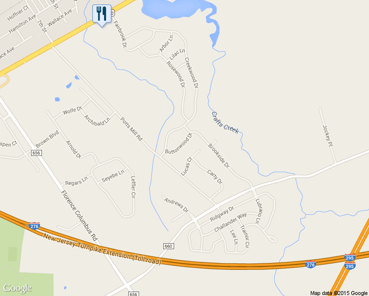 map of restaurants, bars, coffee shops, grocery stores, and more near 15 Buttonwood Drive in Bordentown