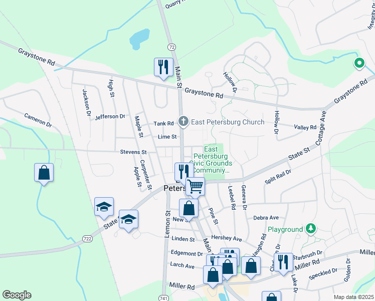 map of restaurants, bars, coffee shops, grocery stores, and more near 1991 Broad Street in East Petersburg