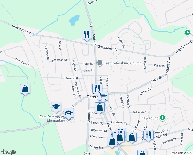 map of restaurants, bars, coffee shops, grocery stores, and more near 1991 Broad Street in East Petersburg