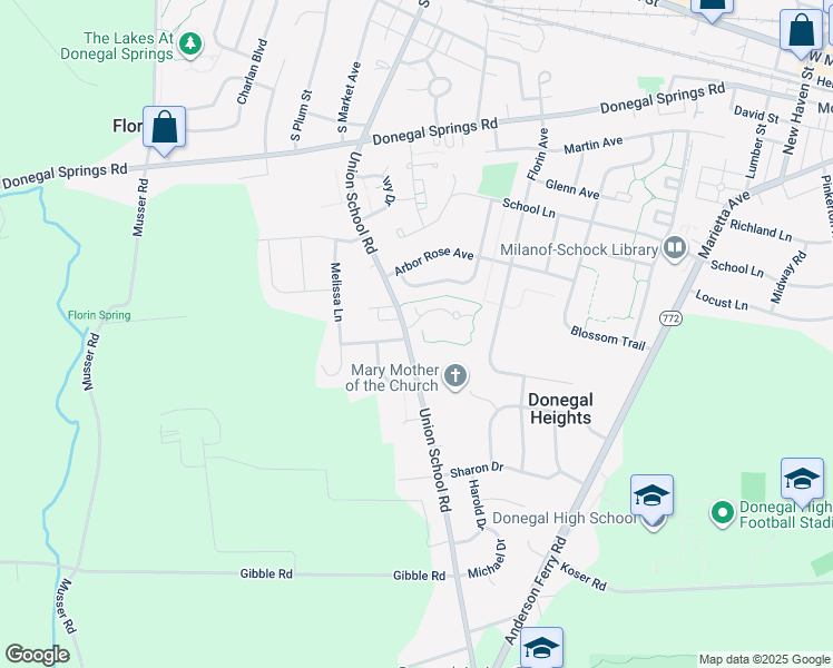 map of restaurants, bars, coffee shops, grocery stores, and more near 605 Union School Road in Mount Joy