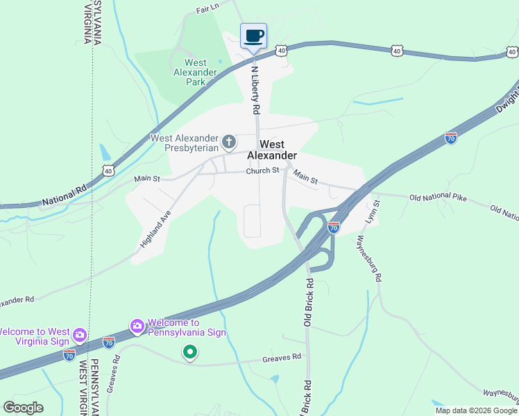 map of restaurants, bars, coffee shops, grocery stores, and more near 995 Old Brick Road in West Alexander