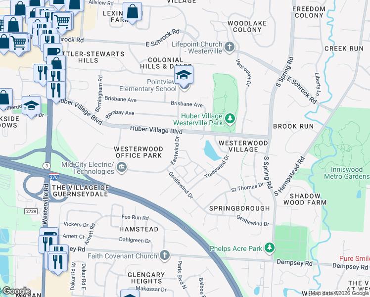map of restaurants, bars, coffee shops, grocery stores, and more near 307 Peachtree Court in Westerville