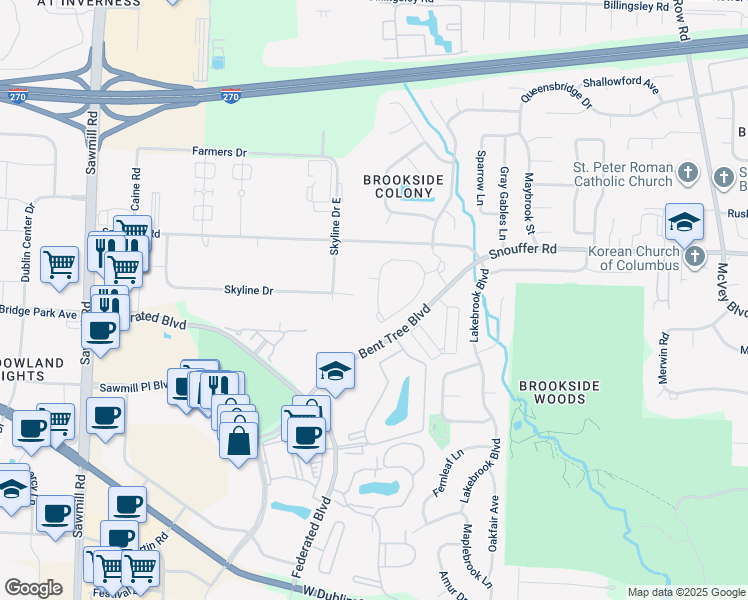map of restaurants, bars, coffee shops, grocery stores, and more near 147 Bentwood Circle in Columbus