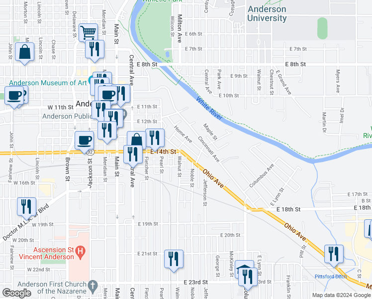 map of restaurants, bars, coffee shops, grocery stores, and more near 1348 Ohio Avenue in Anderson