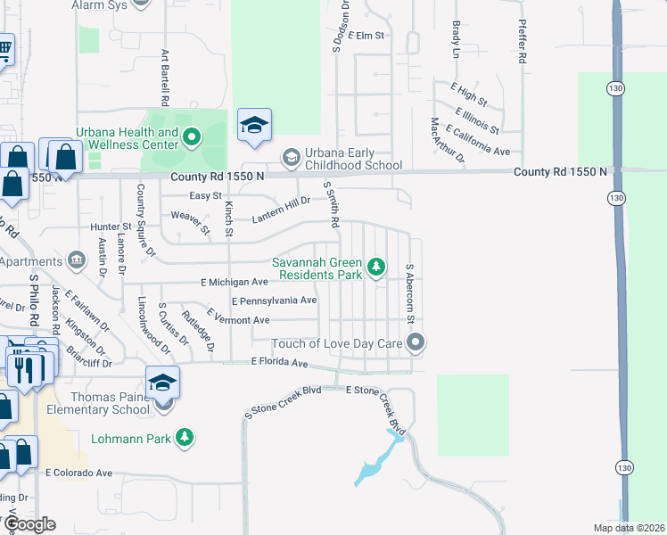 map of restaurants, bars, coffee shops, grocery stores, and more near 1312 South Smith Road in Urbana