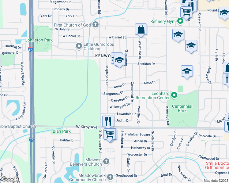 map of restaurants, bars, coffee shops, grocery stores, and more near 2807 Alton Drive in Champaign