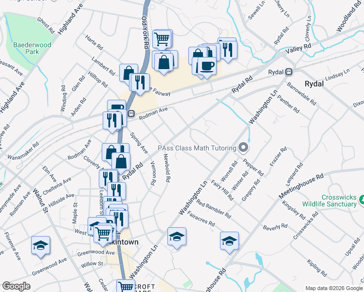 map of restaurants, bars, coffee shops, grocery stores, and more near 1477 Autumn Road in Rydal