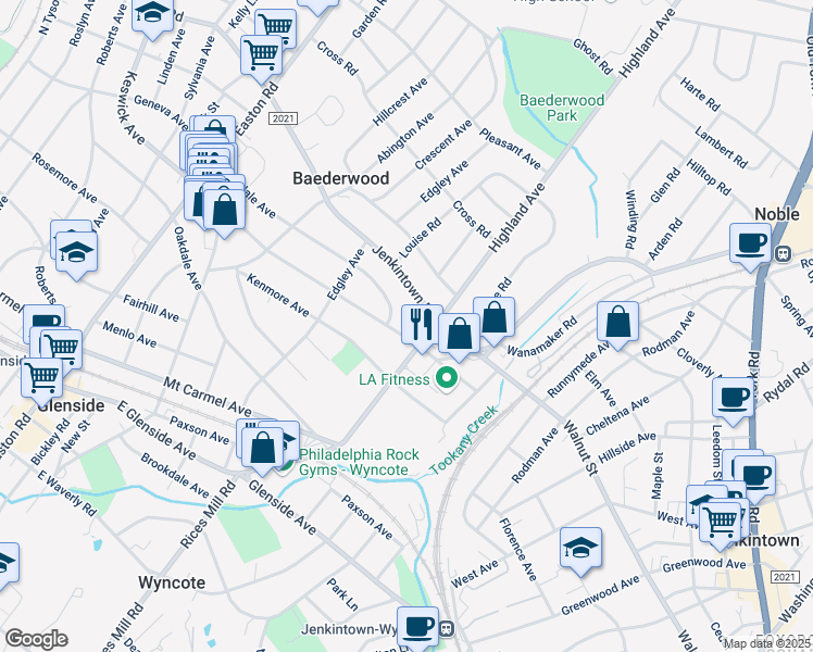 map of restaurants, bars, coffee shops, grocery stores, and more near 2019 Wharton Road in Glenside