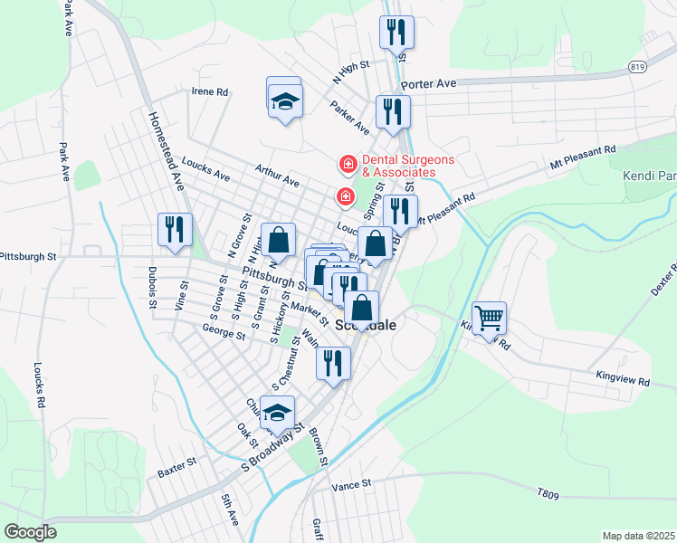 map of restaurants, bars, coffee shops, grocery stores, and more near 105 Spring Street in Scottdale
